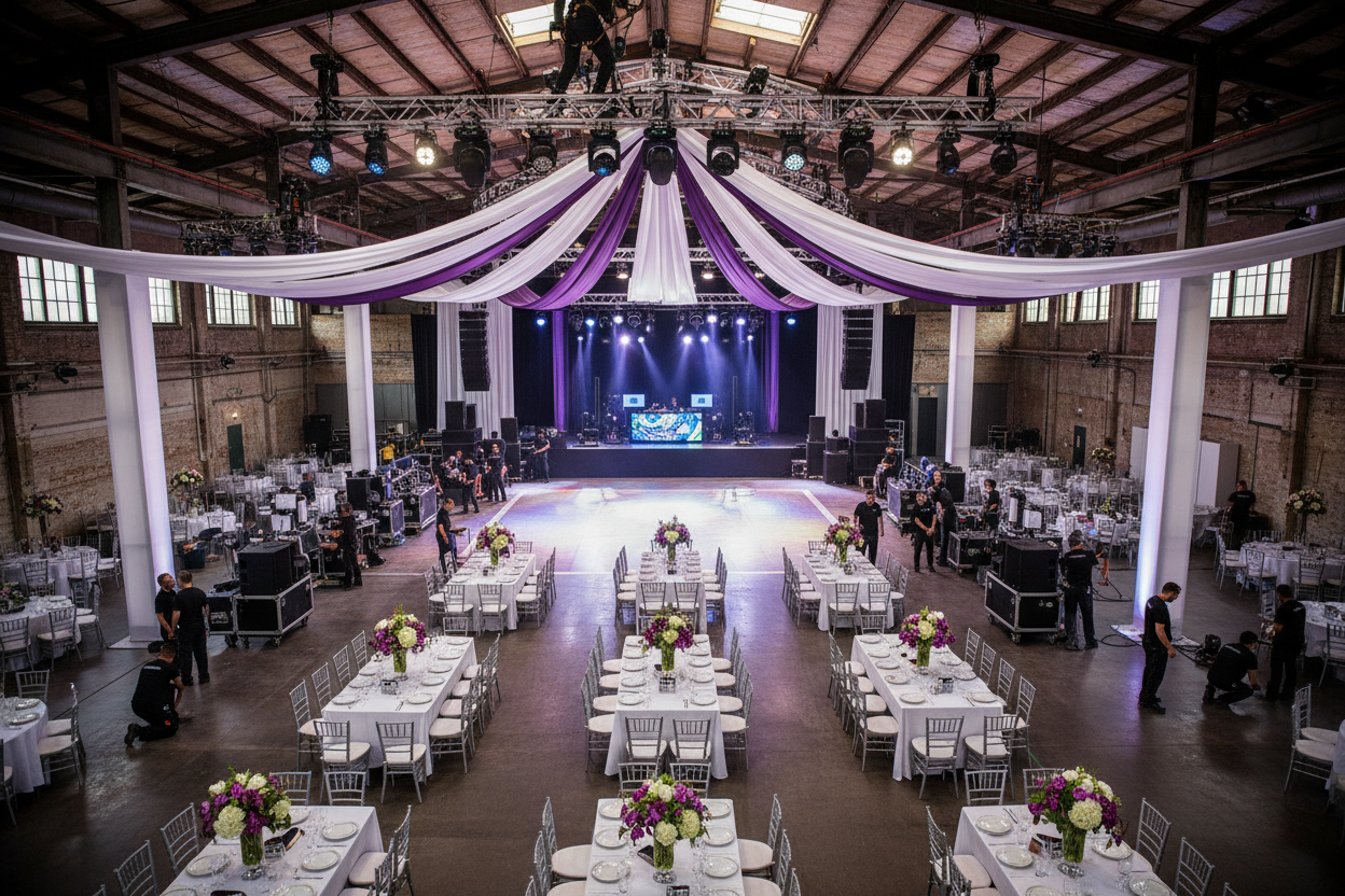 more like workers seting tables and light and stuf like that, no food